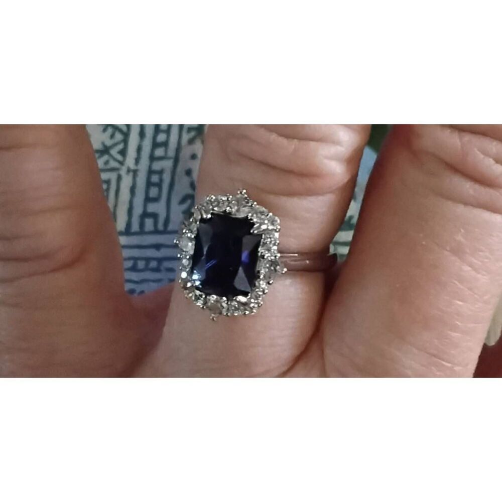 CERTIFIED Genuine Blue & White Moissanite Emerald Cut Halo Engagement Ring #8